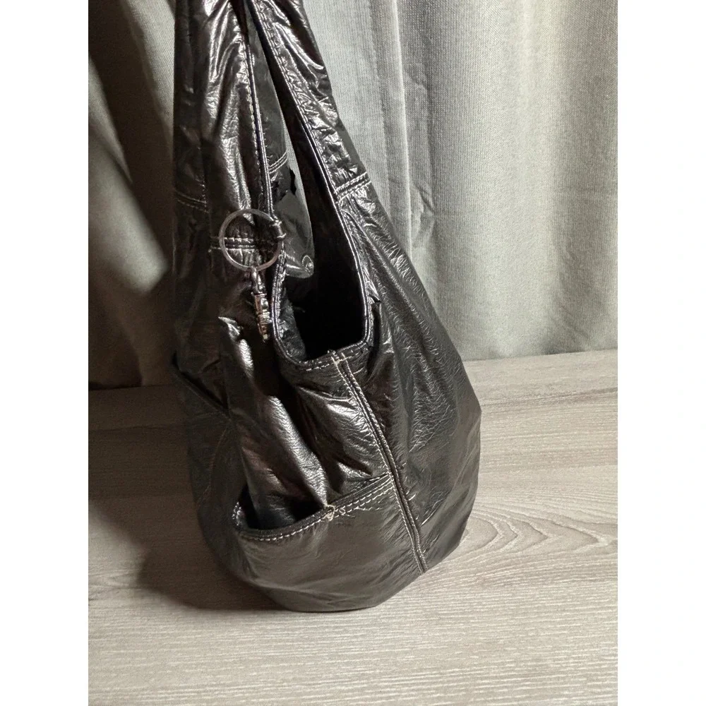 Kathy Van Zeeland Metallic Pewter Crinkle Hobo Bag Crowned Heart Y2K Style 90s